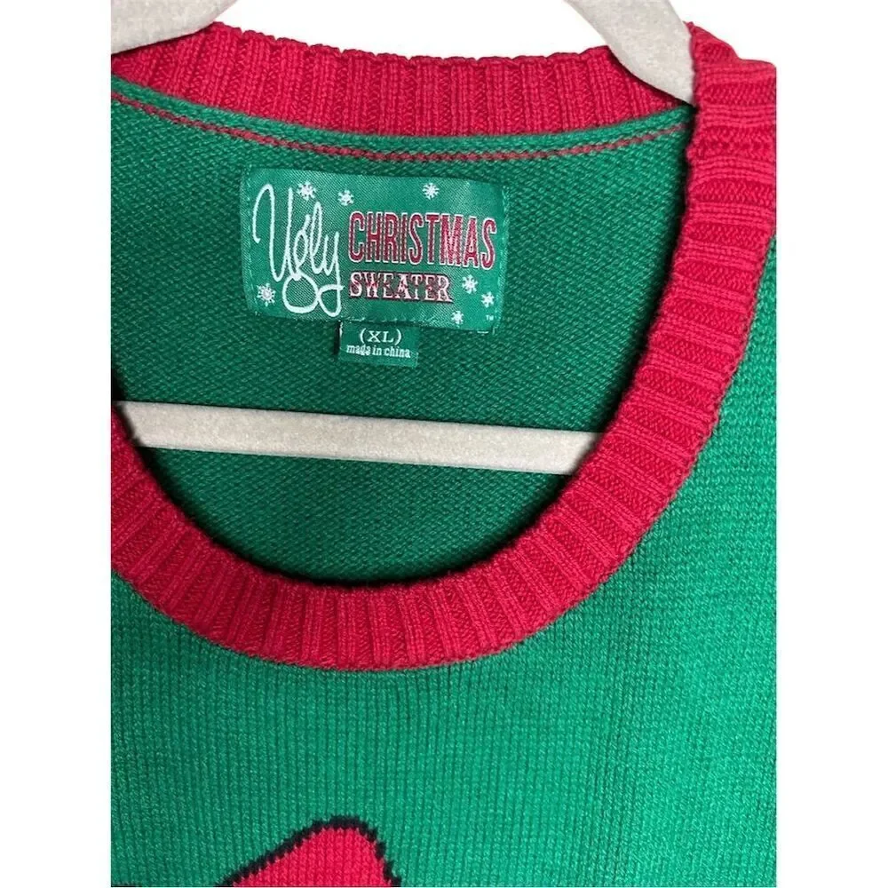 The Ugly Sweater Co Unisex XL Green Pug Christmas Sweater Striped Sleeves